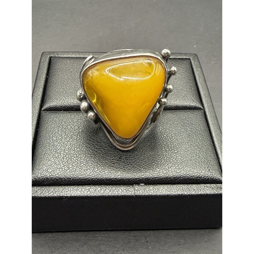 Vintage Modernist Sterling Silver Honey Amber Ring 16 Grams Size 7.5 Tested J19